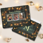 Cartão De Festividades Foto de Natal Russo Collage Pine Garland Lights<br><div class="desc">Celebre a temporada de férias com este charmoso cartão de colagem de fotos de Natal rústico. A frente do cartão apresenta um design acolchoado, inspirado na floresta, com um fundo de madeira verde-escura, enquadrado por pinheiros exuberantes e luzes de fada brilhantes. O centro da placa permite três espaços personalizáveis de...</div>