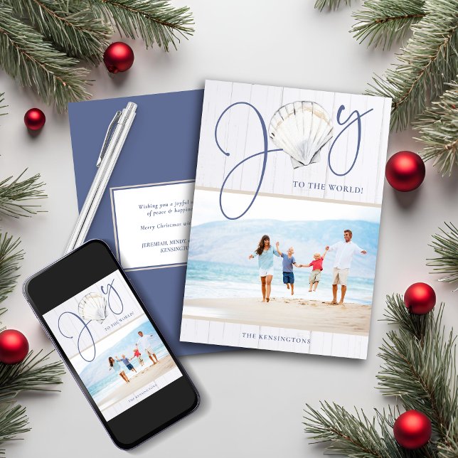 Cartão De Festividades Foto de Natal Rustic Costal Joy Shell Holiday (Rustic Coastal Christmas Joy Shell Holiday Photo Card)