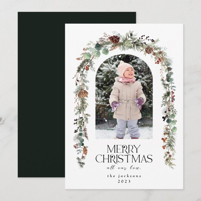 Cartão De Festividades Foto de Natal Rustic Greenery Berries Cedar (Frente/Verso)