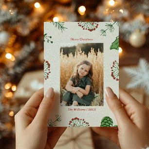 Cartão De Festividades Foto de Natal Rustic Hand-Drawn Mistletoe Pine