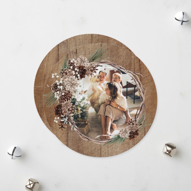 Cartão De Festividades Foto de Natal Rustic Wreath Personalizada (Frente/Verso In Situ)