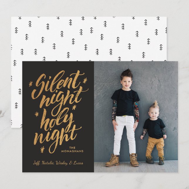 Cartão De Festividades Foto de Natal Silenciosa Faux Gold Foil Black (Frente/Verso)