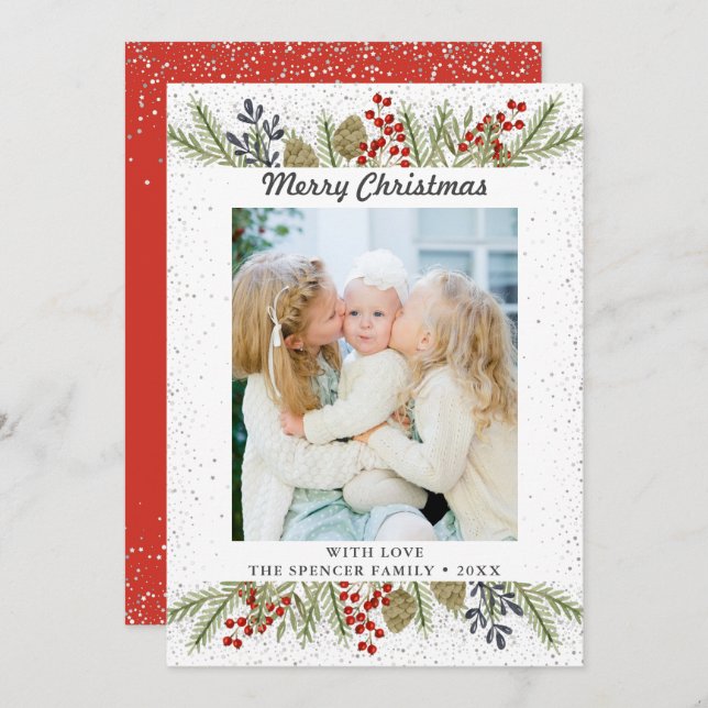 Cartão De Festividades Foto de Natal Silver Glitter Holly Berries (Frente/Verso)