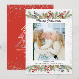 Cartão De Festividades Foto de Natal Silver Glitter Holly Berries