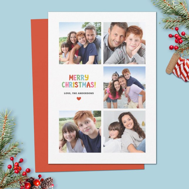 Cartão De Festividades Foto de Natal Simples e Colorida (A fun 5 photo simple modern Colorful Christmas card. Personalize it with your photos and name.)