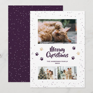 Cartão De Festividades Foto de Natal Snow Meowy Fofa Roxa