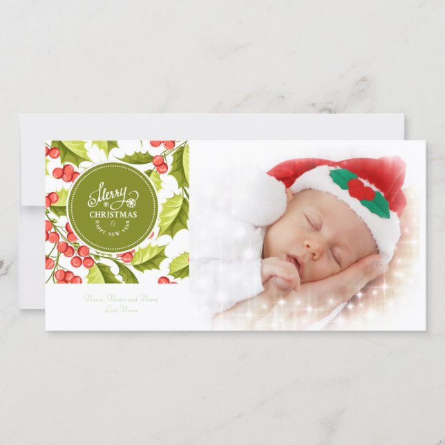 Cartão De Festividades Foto de Natal Tradicional Holly Design Merry (Frente)