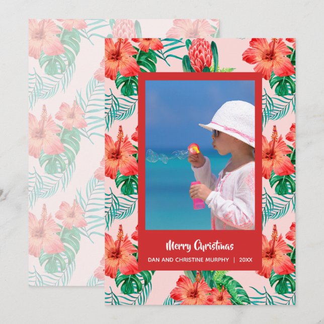 Cartão De Festividades Foto de Natal Tropical Floral (Frente/Verso)