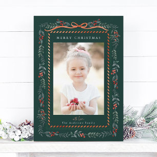 Cartão De Festividades Foto de Natal Verde do Quadro de Winterberry Verme
