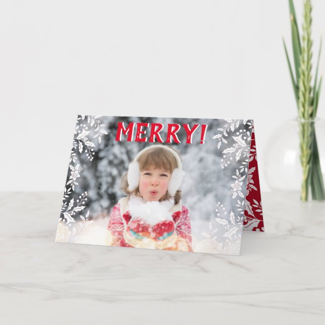 Cartão De Festividades Foto de Natal Vermelho, Branco, Holly, Festivo (Frente)