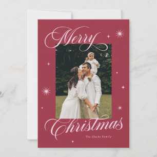 Cartão De Festividades Foto de Natal Vermelho Cereja com Letra Elegante