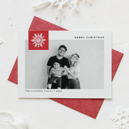 Cartão De Festividades Foto de Natal Vermelho com Floco de Neve Caprichos
