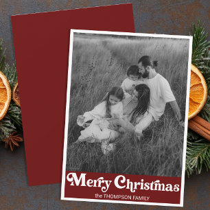 Cartão De Festividades Foto de Natal Vermelho da Tipografia Trendy Retro