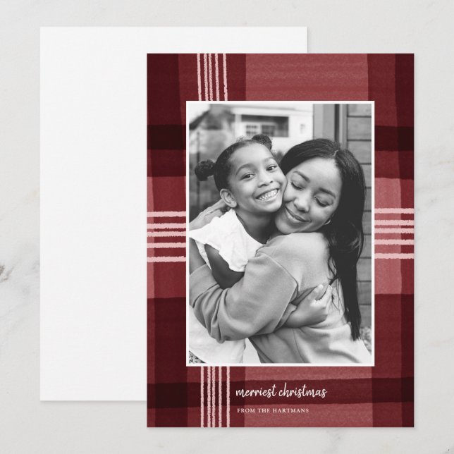 Cartão De Festividades Foto de Natal Vermelho da Xadrez de Aquarela Moder (Frente/Verso)