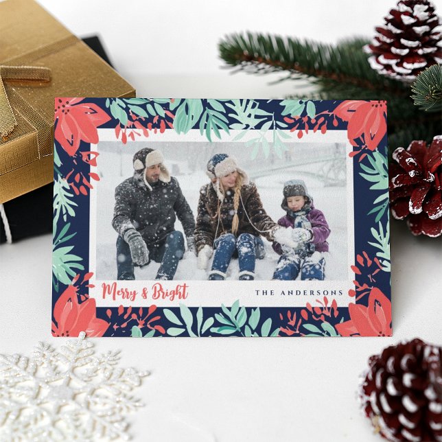 Cartão De Festividades Foto de Natal Vermelho Floral Botânico Verde (Criador carregado)