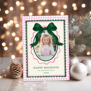 Cartão De Festividades Foto de Natal Xadrez Rosa com Laço Verde Vintage