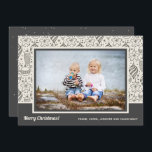 Cartão De Festividades Foto de ornamentos de árvores de Natal<br><div class="desc">Natais vintages,  ornamentos de árvores em preto e marfim e suas saudações e nomes,  com carateres em baixo de sua foto favorita. Selecione Matte para o papel mais pesado e alta definição para melhor qualidade de impressão. ***Cartão VERTICAL feito para você em nossa loja.</div>