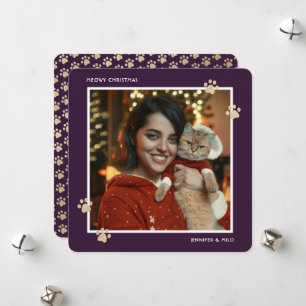 Cartão De Festividades Foto de Patas de Gato Roxo Dourado Meowy