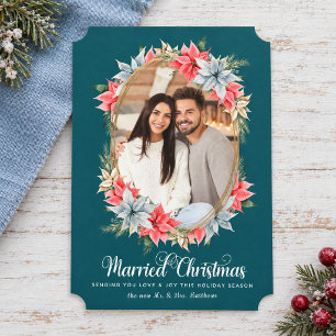 Cartão De Festividades Foto de Poinsettia Azul Casado Natal