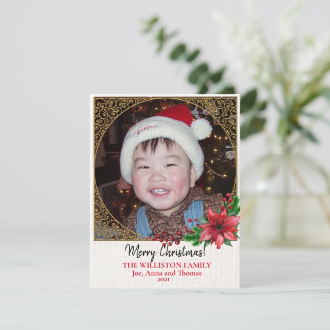 Cartão De Festividades Foto de Poinsettia de Natal em Fio de Ouro  (Em pé/Frente)