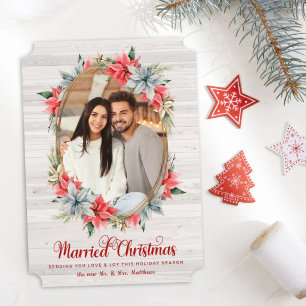 Cartão De Festividades Foto de Poinsettia em Shiplap Natal de Casados