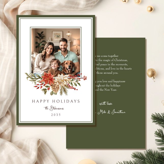 Cartão De Festividades Foto de Poinsettia sobre Feriados Felizes Elegante (Criador carregado)
