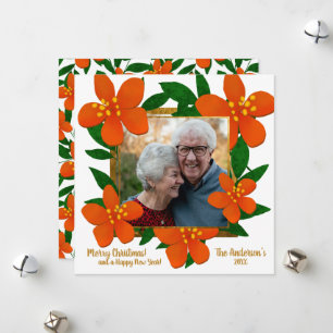 Cartão De Festividades Foto de Quadro Foral Dourado Laranja Moderno