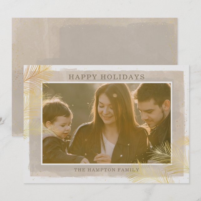 Cartão De Festividades Foto de Ramos Dourados de Pinheiro na Rustic Vinta (Frente/Verso)