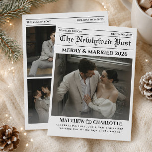 Cartão De Festividades Foto de Recém-Casados no Jornal Merry and Married