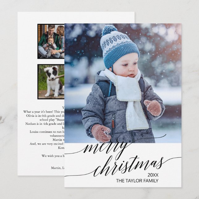 Cartão De Festividades Foto de Revisão do Ano de Caligrafia Preta Elegant (Frente/Verso)