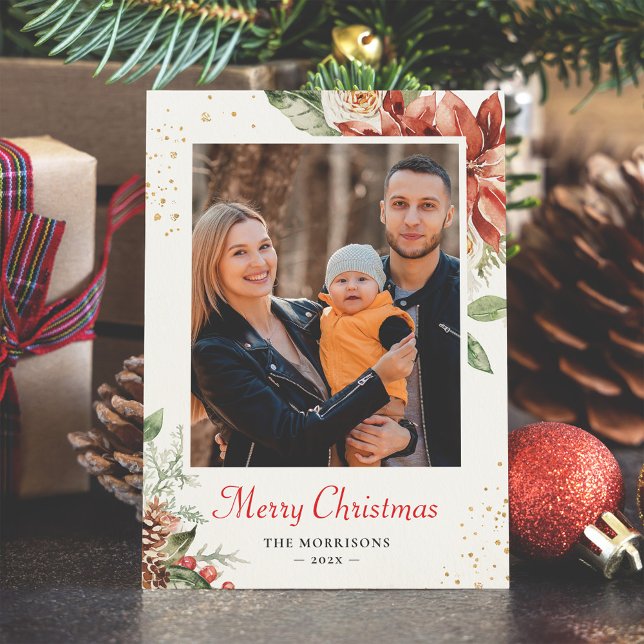 Cartão De Festividades Foto de saudação de Natal Floral Moderno Chic Wint (Criador carregado)