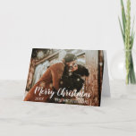 Cartão De Festividades Foto de Script Feliz de Natal<br><div class="desc">Este cartão de Natal moderno e vibrante apresenta a sua fotografia pessoal na frente,  com uma camada de roteiros brancos em tendências e um padrão de bolinhas rico no verso. Foto de modelo via Pixabay licenciada sob CC0 e deve ser substituída por sua própria foto</div>