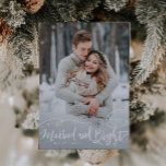 Cartão De Festividades Foto de Script Whimsical Casado e Brilhante<br><div class="desc">Elegante e na moda de feriado vertical 2-cartão com fotos para os recém-casados celebrando seu primeiro Natal juntos como marido e mulher apresentando um roteiro letreiro com a mão com espiral que diz "Casado e Brilho". Há também neve e flocos de neve ao redor do texto da tipografia. Personalize este...</div>