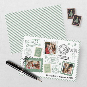Cartão De Festividades Foto de selo postal verde vintage no Natal