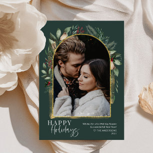 Cartão De Festividades Foto de Sobreposição de Neve de Arco Dourada Verde