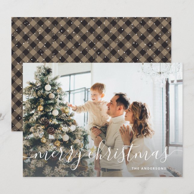 Cartão De Festividades Foto de Xadrez Rustic Buffalo Feliz Natal (Frente/Verso)