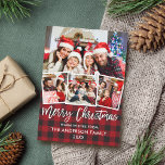 Cartão De Festividades Foto de Xadrez Vermelha de Natal com Script de Pin<br><div class="desc">Cartão de Férias da Família Feliz Natal - Xadrez de Buffalo Vermelho - Script Moderno de Pincel 4</div>