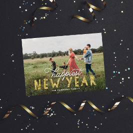 Cartão De Festividades Foto do Ano Novo Mais Feliz e Dourada Glitter