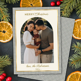 Cartão De Festividades Foto do Arco da Xadrez Dourada Verde e Feliz Natal