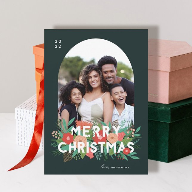 Cartão De Festividades Foto do Arco de Natal Merry Floral Modern Bold (Criador carregado)