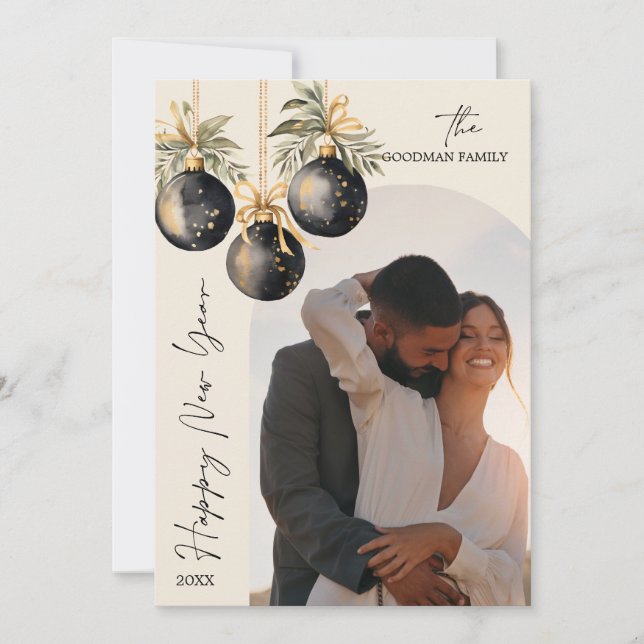 Cartão De Festividades Foto do Arco de Ornamentos Pretos Dourados Elegant (Frente)