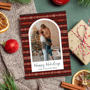 Cartão De Festividades Foto do Arco do Suéter de Natal Vermelho Moderno