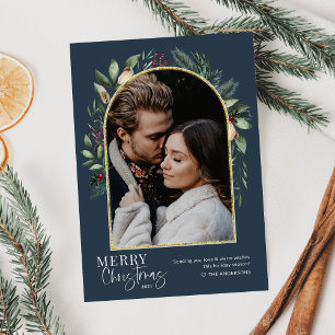 Cartão De Festividades Foto do Arco Verde Dourado do Elegante Marinho Mod