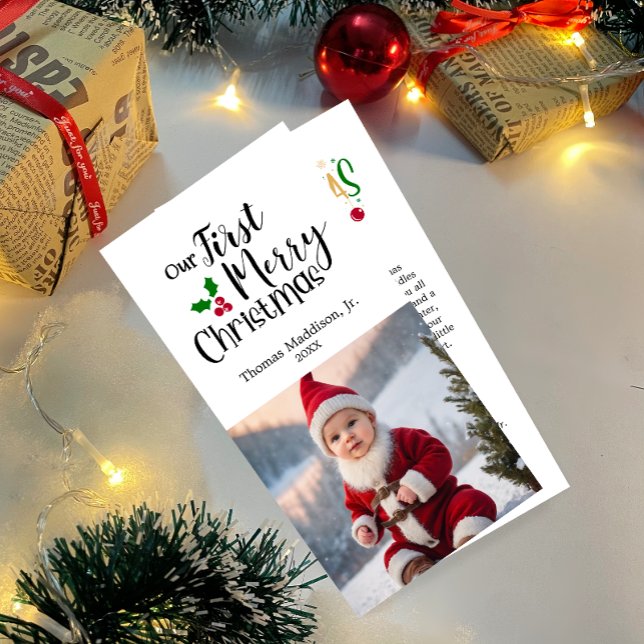 Cartão De Festividades Foto do bebê Nossa Primeira Saudação Feliz de Nata (Criador carregado)