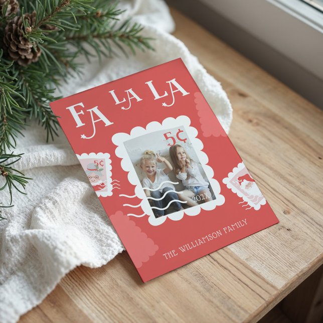 Cartão De Festividades Foto do Carimbo de Natal Fa La Santa Claus (Fa La La Santa Claus Christmas Postage Stamp Photo Holiday Card)