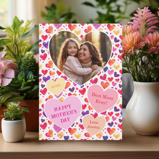 Cartão De Festividades Foto do Dia de as mães Colorida Watercolor Hearts