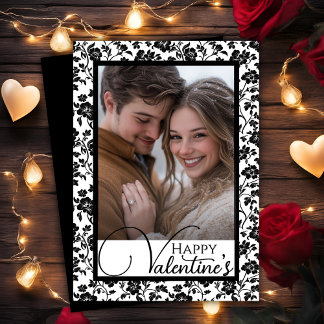 Cartão De Festividades Foto do Dia de os namorados Feliz Floral Preto e B