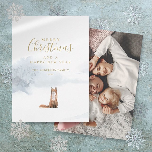 Cartão De Festividades Foto do Dourado Escrito Elegante da Fox de inverno (Winter Fox Elegant Gold Script Photo Christmas Holiday Card)