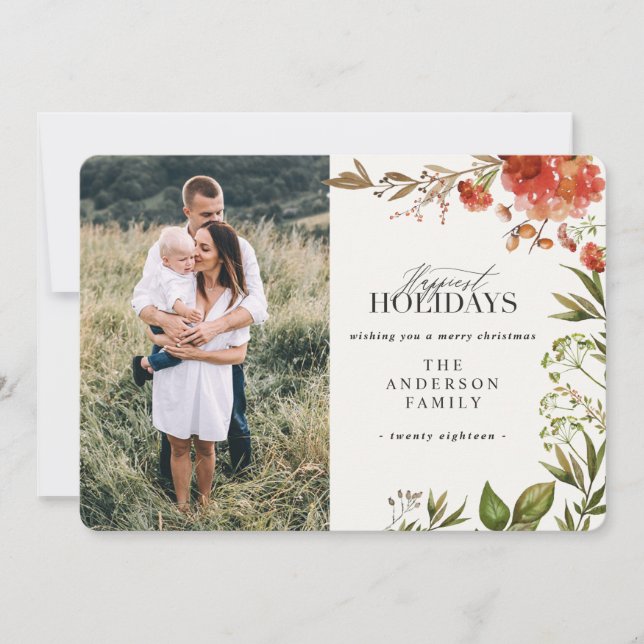 Cartão De Festividades Foto do emblema de folhagem em aquarela Natal (Frente)