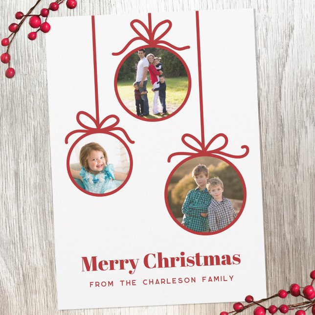 Cartão De Festividades Foto do enfeites de natal 3 (Three photo Christmas ornament holiday card)